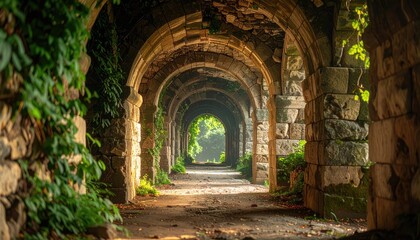 Stone Archway Tunnel with Lush Greenery and Sunlight in Stone Structure with Warm Tones and Dramatic Lighting Through the Tunnel Perspective View