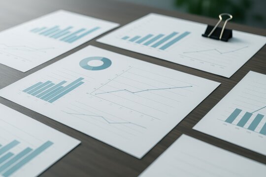 Financial paper reports with charts and graphs spread on office desk symbolizing data analysis
