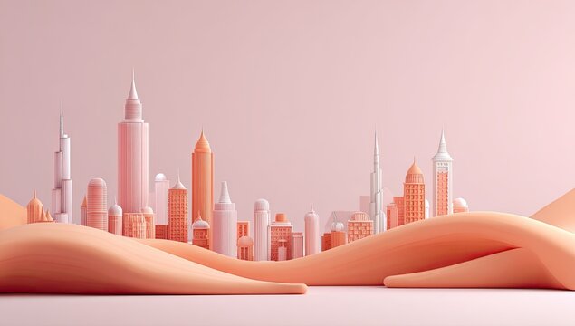 Stylized cityscape with skyscrapers and fluid foreground, set against a soft, pink background
