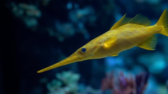 Yellow fish swims underwater with elongated beak and dorsal fin