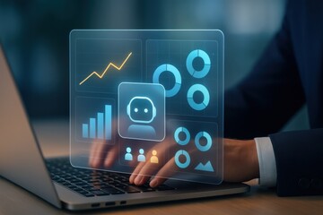 Laptop with holographic chatbot and data dashboard interface showing analytics and customer insights
