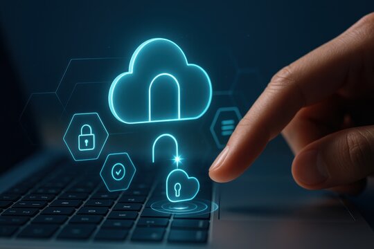 Finger pressing holographic cloud security lock icon symbolizing cybersecurity and data protection
