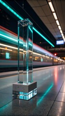 Glass sculpture on a train platform with a blurred train passing by