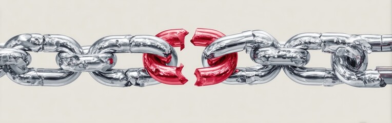 A metallic chain with one red link broken. The chain is on a cream background