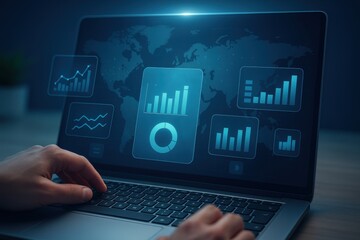 Hands using laptop with glowing holographic world map and financial data charts
