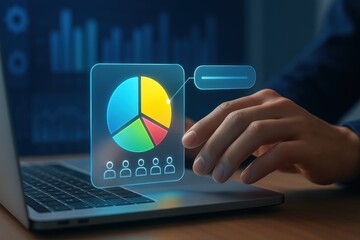 Hand touching laptop with holographic pie chart and people icons symbolizing market segmentation
