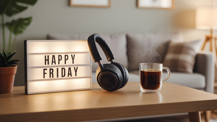 Cozy Living Room Desk with Headphones Lightbox and Coffee Mug for Relaxed Weekend Morning