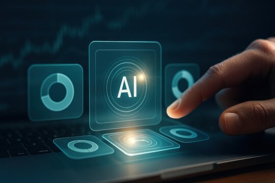 Finger pressing glowing artificial intelligence button on digital interface with charts and graphs
