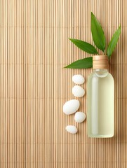 Elegant botanical green leaves in glass bottle with natural skincare elements on bamboo mat emphasizing eco-friendly organic wellness and minimalistic design