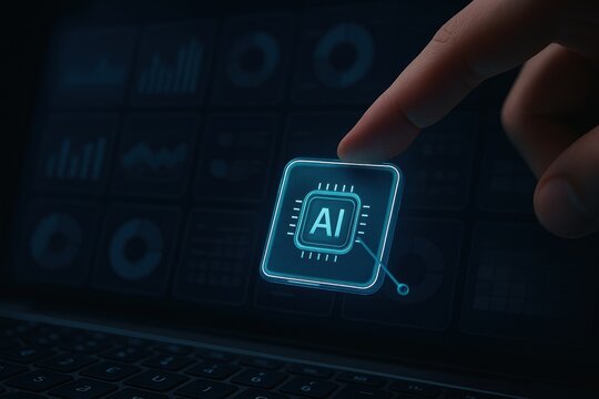 Finger touching holographic artificial intelligence chip icon on futuristic digital dashboard
 - Powered by Adobe