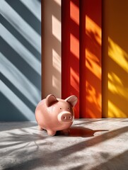 Charming piggy bank with vibrant shadows creating a colorful and modern visual symbolizing savings financial growth investment wealth and prosperity in a contemporary setting