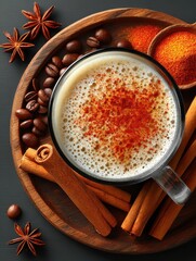 Delicious aromatic coffee beverage with cinnamon star anise spices milk foam and natural ingredients perfect for cozy mornings wellness and gourmet drink lovers