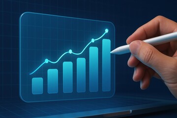 Hand holding stylus pointing at glowing bar chart with rising line graph on digital screen
