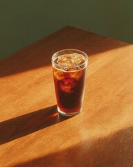 Elegant glass of iced cold beverage on a wooden surface with natural sunlight showcasing refreshment hydration and summer drink appeal in a stylish professional setting