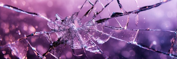 Shattered glass against a blurred purple backdrop. Fragments create a geometric pattern, catching light