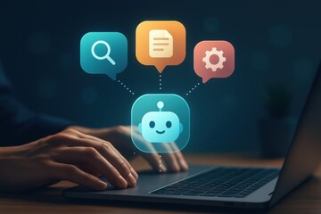 Laptop with holographic chatbot and colorful icons for search settings and document automation
