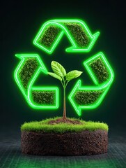 Vibrant young plant growing in soil beneath glowing neon recycling symbol eco-friendly concept emphasizing sustainability environmental protection and green energy