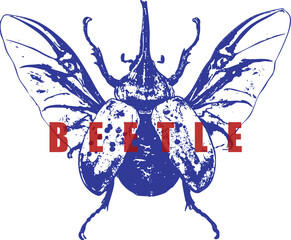 Flying Hercules Beetle, Long Horn, Wings Spread, Blue Stipple Sketch, Red Text Graphic, High Contrast Vintage T-Shirt Design, Entomology Art, Isolated.
