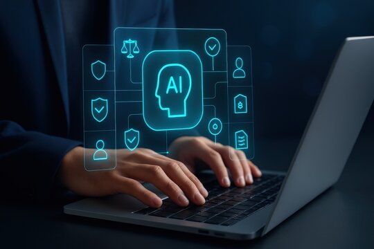 Laptop with holographic artificial intelligence head icon and security compliance symbols
