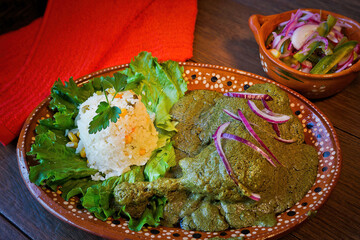 Traditional Mexican Pork Loin in Green Mole Sauce (Mole Verde) with Rice