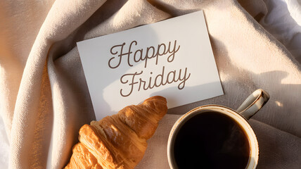 Croissant and Coffee with Happy Friday Sign on Soft Fabric Bed