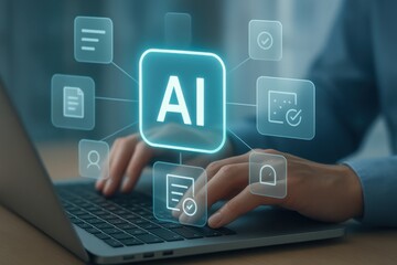 Laptop with glowing holographic artificial intelligence icon surrounded by digital workflow symbols

