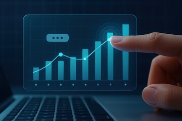 Finger touching holographic bar chart and rising line graph on futuristic digital laptop display
