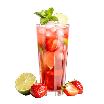 A glass of strawberry juice with a few strawberries on the side