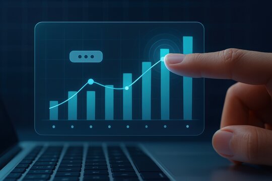 Finger touching holographic bar chart and rising line graph on futuristic digital laptop display
