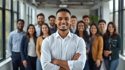 Smiling millennial student looking at camera posing for portrait in front of diverse young people group getting education at international university, happy ambitious intern receiving job at company