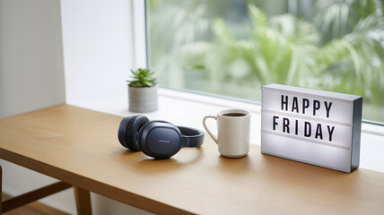Modern Wooden Desk with Headphones Coffee Mug and Lightbox Display Reading Happy Friday by Window