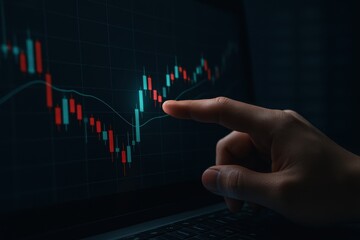 Finger pointing at stock market candlestick chart on laptop with glowing digital interface
