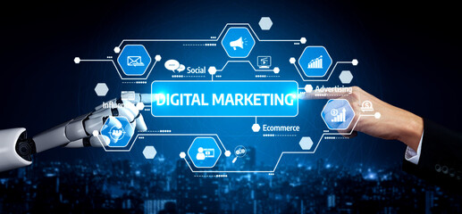 A captivating depiction of digital marketing, featuring a robotic hand reaching out to a human hand, symbolizing the collaboration between technology and human creativity. Tessel