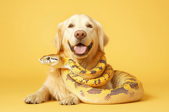Golden Retriever with an albino ball python on yellow background 
