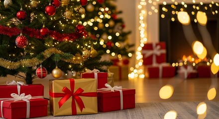 Illustration of christmas tree with gifts and fireplace, warm and cozy holiday atmosphere