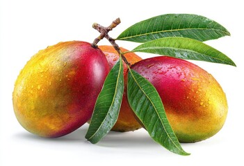 Three ripe, colorful fruits with vibrant hues and dewy leaves, set against white