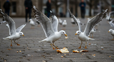 Seagulls birds eating bread flying wildlife animal outdoor nature avian scavenger urban city flock
