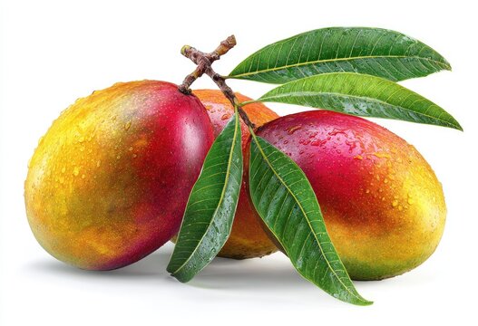 Three ripe, colorful fruits with vibrant hues and dewy leaves, set against white - Powered by Adobe
