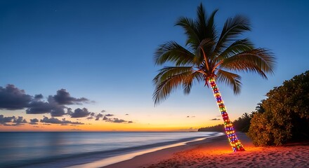Illustration of tropical beach at sunset with a palm tree decorated with colorful christmas lights