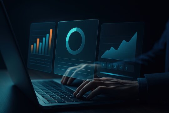 Hands typing on laptop with holographic bar pie and line charts symbolizing business data analytics
