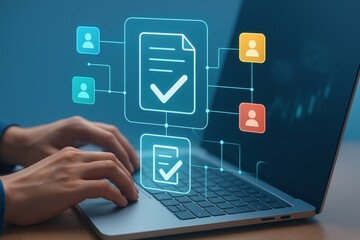 Laptop with holographic checklist documents and user profile icons symbolizing workflow approval
