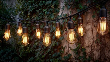 String lights illuminate a brick wall covered in ivy. Warm tones against a textured backdrop
