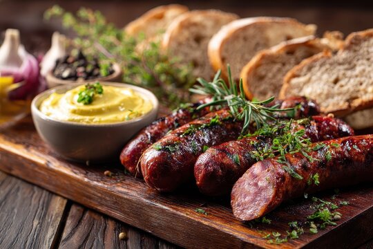 Warm Grilled Sausages with Golden Mustard, Fresh Rosemary, Thyme, and Crusty Bread on Rustic Wood.