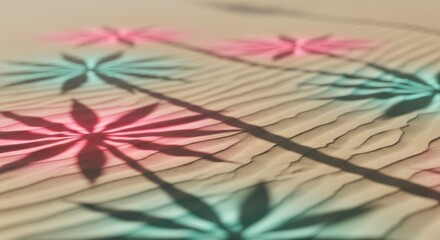 Fototapeta premium Abstract close-up: sand with neon pink and teal shadows of alien palms, textured patterns; misty beige gradient background