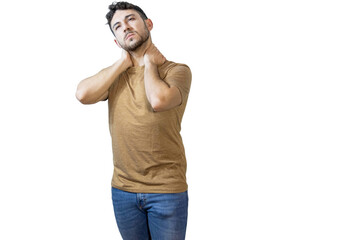 Fototapeta premium Man suffering neck pain on isolated background. PNG