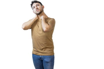 Man suffering neck pain on isolated background. PNG