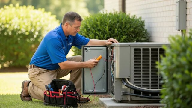 technician kneels checking an outdoor AC units wiring with multimeter He wears blue shirt and khakis A tool bag sits nearby on the green grass with bushes and brick wall in the background