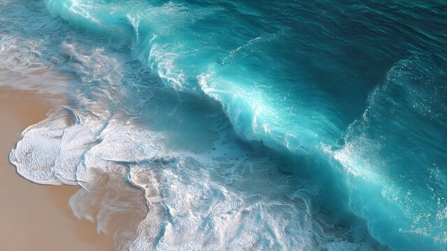 An aerial view of a turquoise ocean wave with white foam rolling onto a sandy beach, showcasing the waters texture