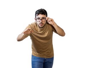 Man fixing glasses trying to see something moving forward carefully. PNG