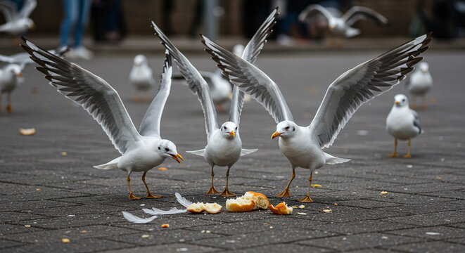 Seagulls eating bread birds wildlife animal nature flying wings urban scavenger outdoor feeding frenzy flock
